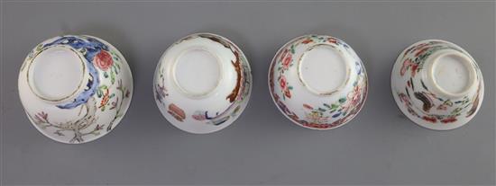 Four Chinese famille rose tea bowls, Yongzheng/Qianlong period, D. 6.7cm - 7.9cm, two with tiny rim chips